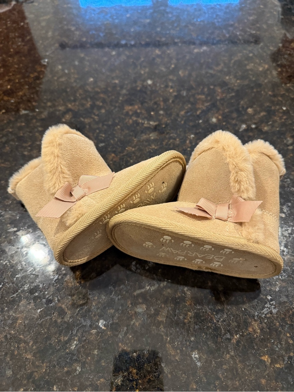 BearPaw Toddler Faux Fur Booties in Light Tan with Bow
